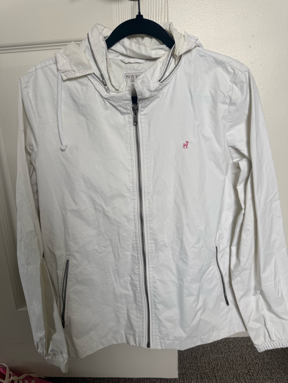 Old Navy White Hooded Bomber Jacket with Pink Logo